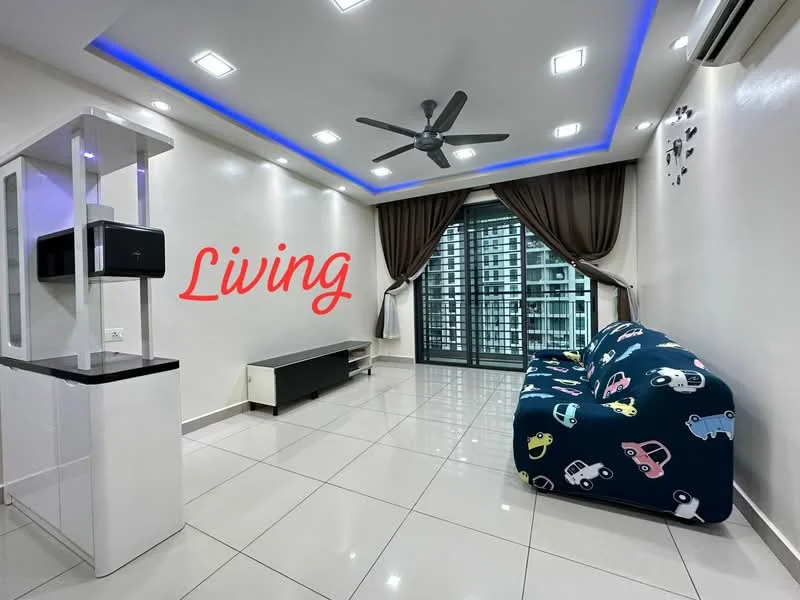Living features: 3-seater fabric sofa with car pattern, white wall-mounted TV console, floor-to-ceiling windows, sliding glass door, grey curtains, recessed LED downlights, ceiling fan, glossy white tiled flooring, decorative wall clock, blue LED accent lighting; style: modern; view: city.