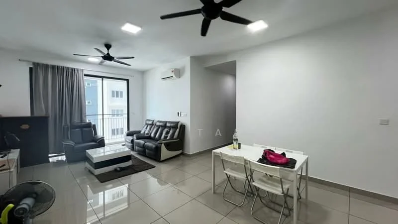 Living features: grey leather sofa, 3-seater sofa, coffee table with white top, area rug, 2 ceiling fans, wall-mounted air conditioning unit, floor-to-ceiling windows, curtains, dining table with 4 chairs, white tiled flooring, light grey painted walls, decorative wall with TV console; style: modern.