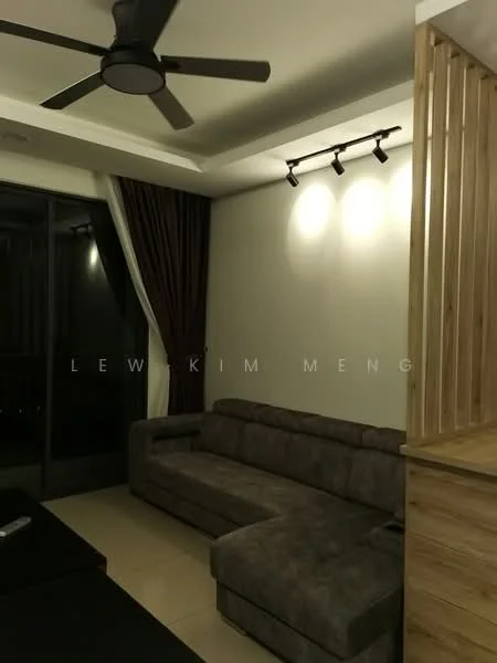 Living features: 3-seater fabric sofa in grey, ceiling fan, recessed LED downlights, floor-to-ceiling windows, dark curtains, light-colored walls, tile flooring, wooden partition; style: modern.