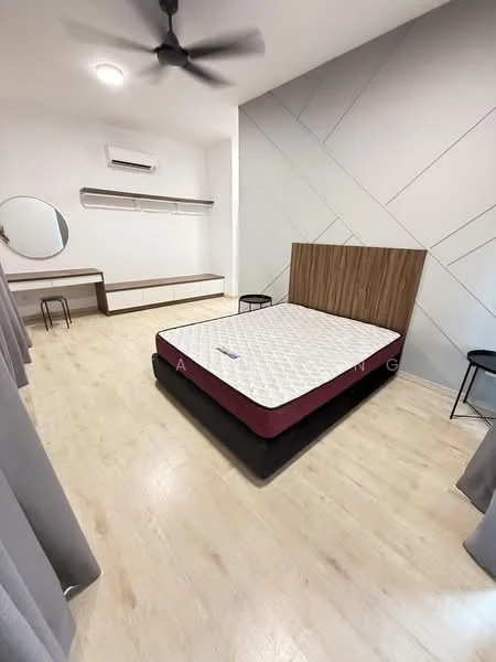 Bedroom features: queen-size bed with mattress, wooden headboard, 2 bedside stools, wall-mounted mirror, built-in wardrobe with open shelving, air conditioning unit, light wood flooring, ceiling fan, grey curtains, accent wall with geometric design; style: modern.
