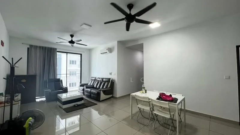 Living features: 2-seater leather sofa in black, 3-seater leather sofa in black, coffee table with glass top, area rug in grey, 2 ceiling fans, wall-mounted split AC, floor-to-ceiling windows, curtains in grey, tile flooring in light grey, decorative wall with light grey paint; style: modern. Dining features: 4-seater dining table in white, plastic dining chairs in white, decorative items on table; style: modern.
