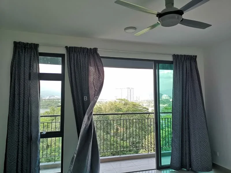 Room features: floor-to-ceiling windows, sliding glass door, grey curtains, 5-blade ceiling fan, white painted walls, tile flooring, balcony view, greenery view; style: modern; view: garden.