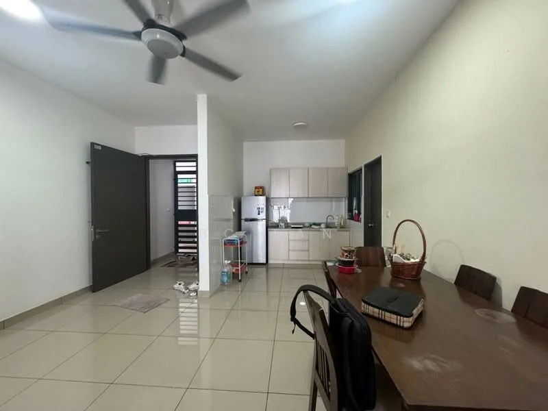 Living features: white painted walls, glossy ceramic tile flooring, 5-blade ceiling fan with light, dining table with 6 chairs, refrigerator, built-in kitchen cabinets, stainless-steel sink, countertop, open layout, door leading to hallway; style: modern.