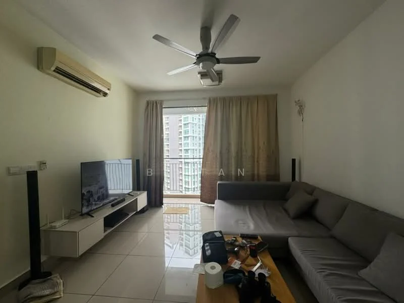 Living features: 3-seater fabric sofa in grey, coffee table, wall-mounted TV, TV console, floor-to-ceiling windows, sheer curtains, 5-blade ceiling fan with light, wall-mounted air conditioning unit, ceramic tile flooring, decorative wall sconce; style: modern; view: city.