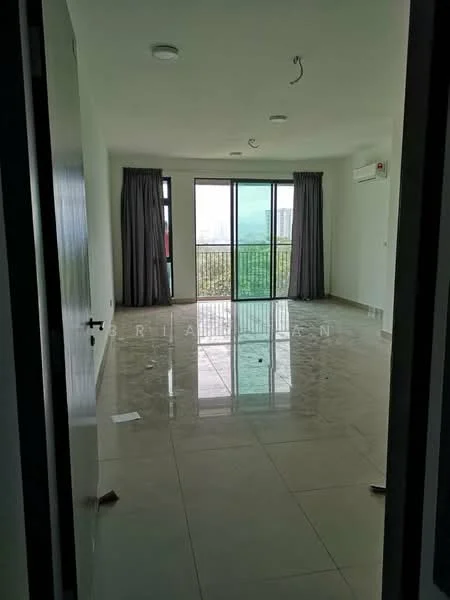 Room features: white painted walls, marble tile flooring, floor-to-ceiling windows, sliding glass door, grey curtains, recessed downlights, 1 wall-mounted split AC, open space layout; style: modern; view: city.
