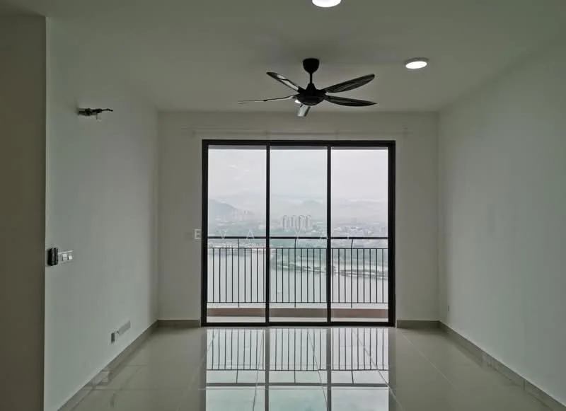 Living features: white painted walls, glossy tile flooring, 5-blade ceiling fan with light, floor-to-ceiling sliding glass door, black metal railing, city skyline view, recessed downlights; style: modern; view: city.