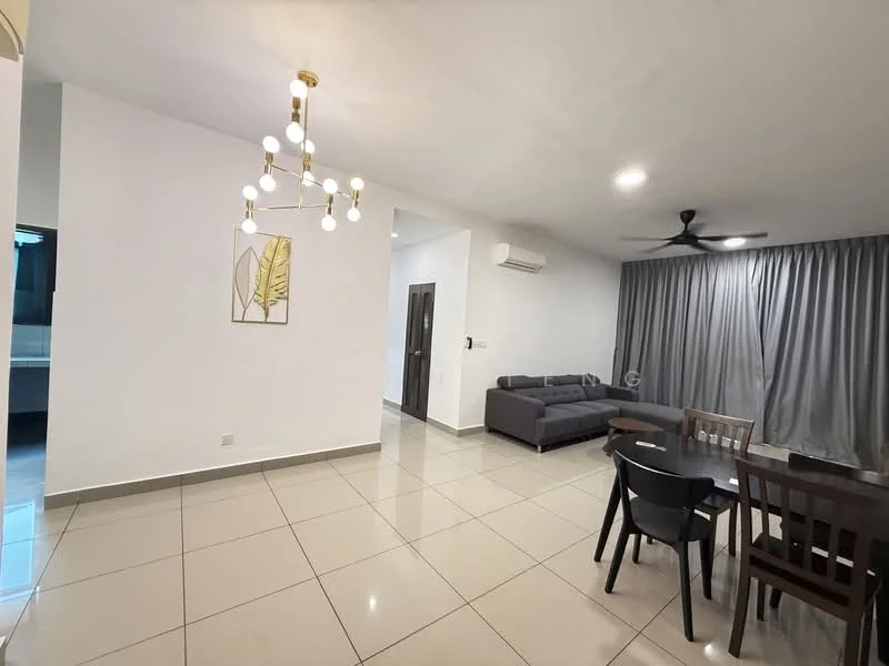 Living features: grey fabric sofa, 4-seater dining table, black dining chairs, white painted walls, tile flooring, recessed downlights, 5-blade ceiling fan, curtains, wall-mounted air conditioning unit, decorative wall art; style: modern.