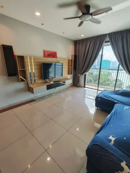 Living features: large floor-to-ceiling windows, sliding glass door, grey fabric sofa, wooden TV console, wall-mounted TV, decorative artwork on wall, ceiling fan with light, recessed downlights, glossy tile flooring, curtains, open shelving unit, view of city skyline; style: modern; view: city.
