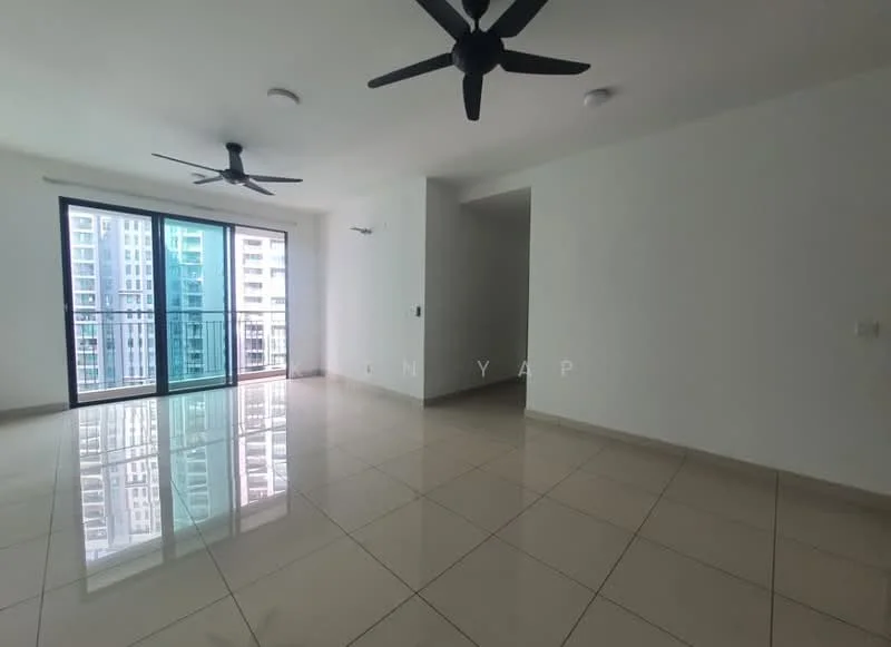 Living features: white painted walls, glossy ceramic tile flooring, 2 ceiling fans, floor-to-ceiling windows, sliding glass door, natural light, open layout, balcony access; style: modern; view: city.