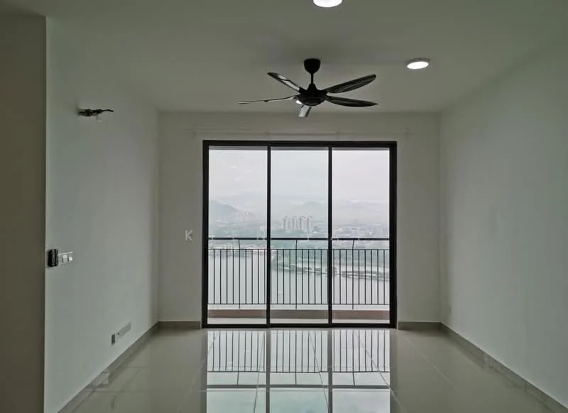 Living features: white painted walls, glossy ceramic tile flooring, 5-blade ceiling fan with light, floor-to-ceiling sliding glass door, black metal railing, city skyline view, recessed downlights; style: modern; view: city.