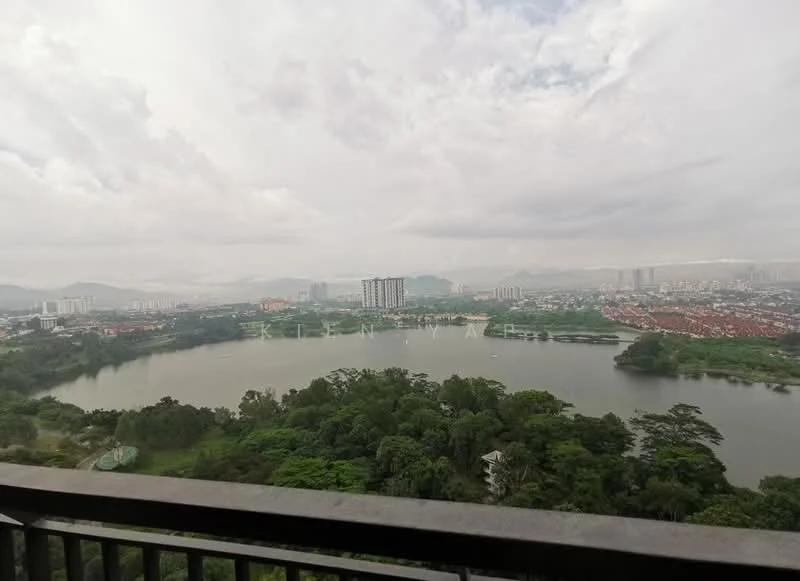 Exterior type: high-rise condominium; features: panoramic view of the lake, surrounding greenery, city skyline in the background, multiple high-rise buildings visible, cloudy sky, waterfront landscape; style: modern.
