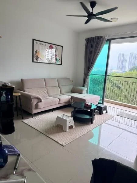 Living features: 3-seater fabric sofa in light beige, coffee table with black top, area rug with neutral color, floor-to-ceiling sliding glass door, curtains in grey, ceiling fan with light, wall-mounted artwork, white walls, tile flooring; style: modern; view: city.