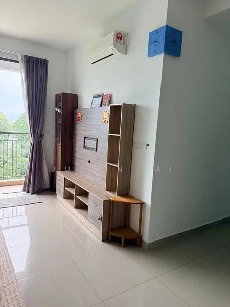 Living features: white painted walls, glossy tile flooring, floor-to-ceiling window, curtains in grey, wall-mounted TV unit, wooden TV console, small wooden side table, decorative wall shelf, air conditioning unit; style: modern; view: garden.