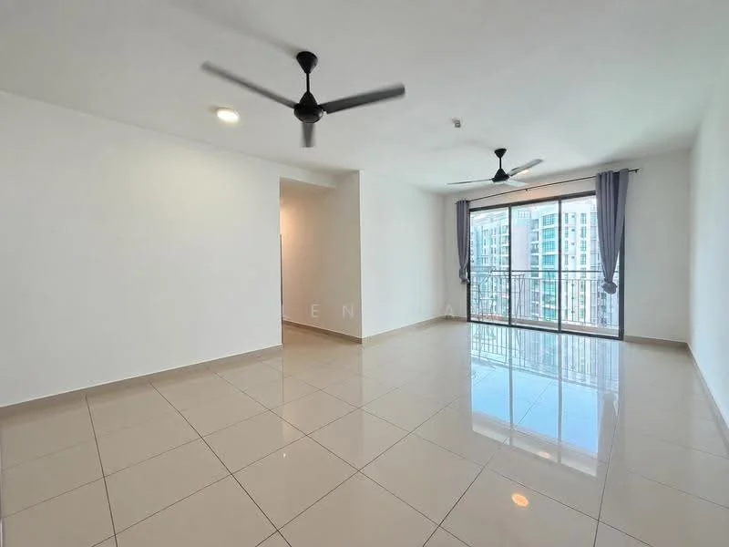 Living features: white painted walls, glossy ceramic tile flooring, 2 ceiling fans, floor-to-ceiling windows, sliding glass door, curtains, neutral color scheme, open layout; style: modern; view: city.