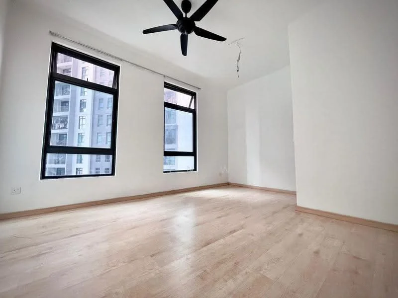 Room features: light wood flooring, white painted walls, floor-to-ceiling windows, black ceiling fan, natural light from windows; style: modern; view: city.