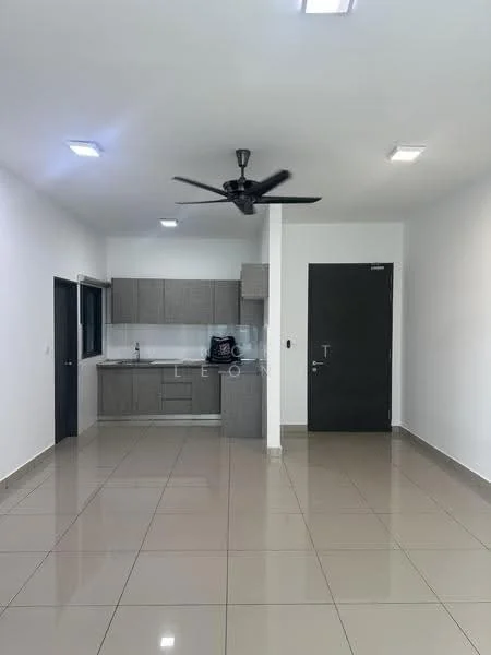 Living features: white painted walls, glossy ceramic tile flooring, 5-blade ceiling fan with light, recessed LED downlights, kitchenette with grey cabinetry, single-bowl stainless-steel sink, built-in oven, stainless-steel range hood, countertop with backsplash, open layout, large window, door to hallway; style: modern.