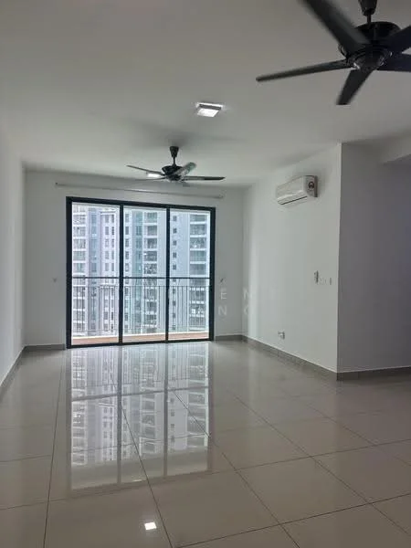 Living features: white painted walls, glossy ceramic tile flooring, 2 ceiling fans, floor-to-ceiling windows, sliding glass door, air conditioning unit, natural light, open layout; style: modern; view: city.