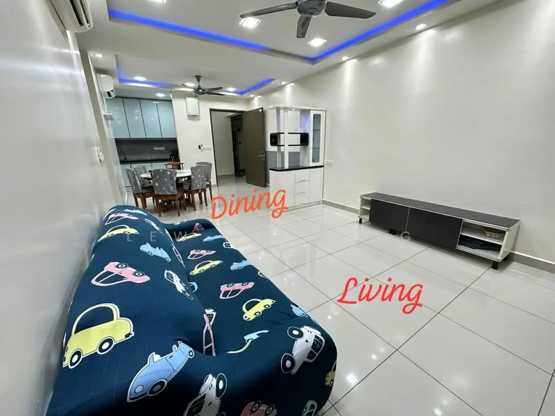 Living features: white painted walls, glossy tile flooring, recessed LED downlights, 5-blade ceiling fan, wall-mounted TV cabinet, sofa with car print upholstery, decorative wall with LED lighting, open layout to dining area; style: modern. Dining features: dining table for six, wooden dining chairs, ceiling fan, open layout to living area, kitchen visible in background; style: modern.