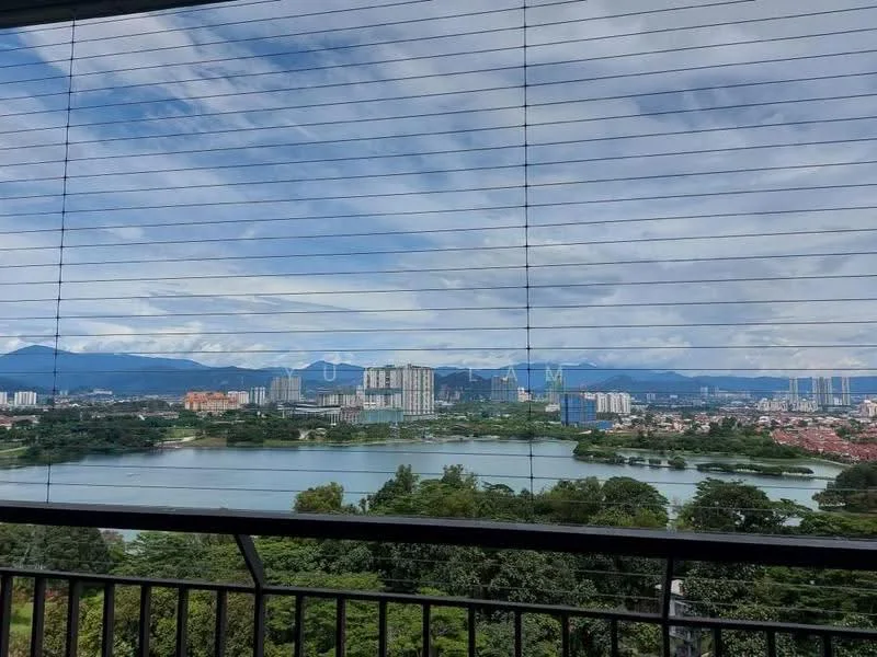 Room features: floor-to-ceiling windows, sliding glass door, balcony with railing, city skyline view, mountain view, lake view, blinds on windows; view: city.