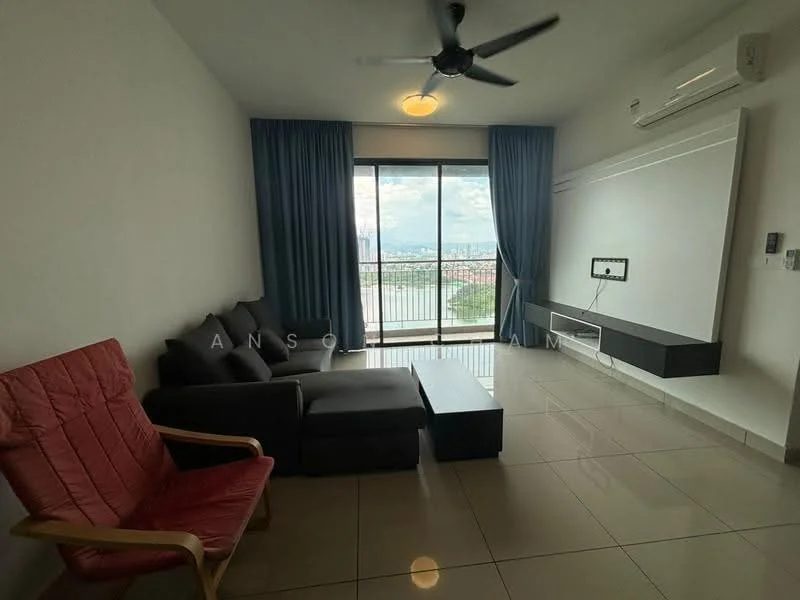 Living features: 3-seater fabric sofa in black, 2-seater fabric armchair in red, coffee table, wall-mounted TV, floor-to-ceiling windows, curtains in blue, ceiling fan, air conditioning unit, glossy tile flooring, white painted walls, decorative wall panel; style: modern; view: city.