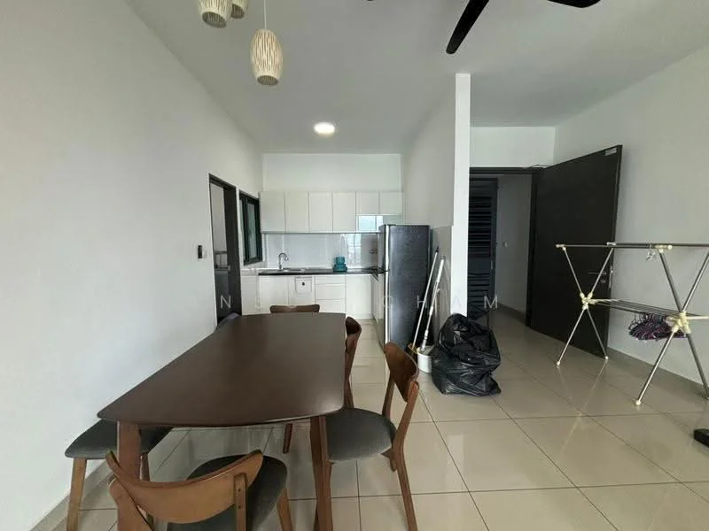 Dining features: wood dining table, 4 wooden dining chairs, white walls, tile flooring, ceiling fan, recessed lighting, open layout to kitchen, window with green view; style: modern. Kitchen features: white cabinetry, stainless-steel fridge, stainless-steel sink, chrome faucet, ceramic tile backsplash, built-in oven, 4-burner gas hob, countertop space; style: modern. Room features: grey accent wall, laundry drying rack, black garbage bag, doorway to hallway.