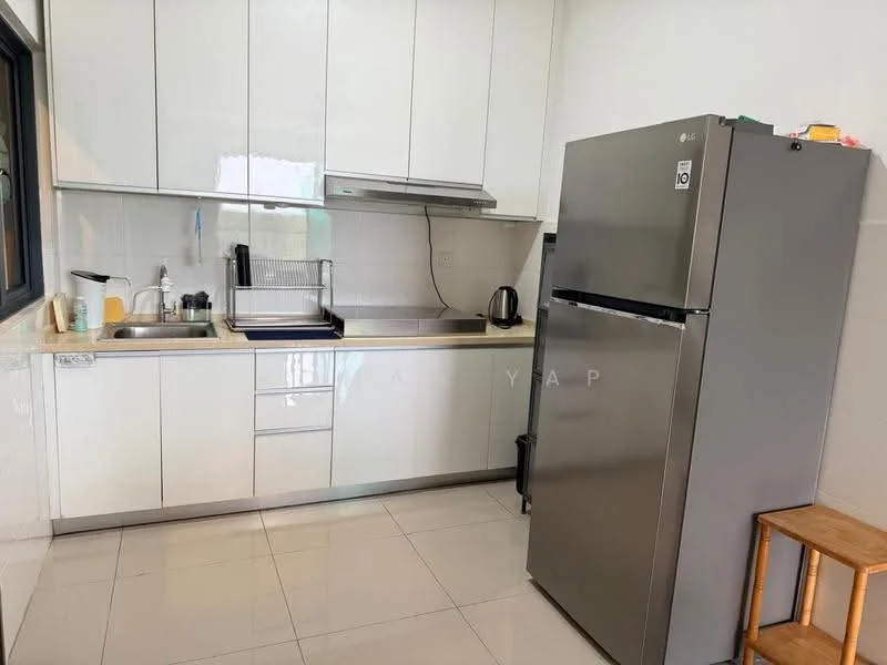 Kitchen features: white glossy cabinetry, stainless-steel fridge, built-in oven, stainless-steel sink, chrome pull-down faucet, black kettle, dish rack, countertop with backsplash, tile flooring, window with black frame, wooden stool; style: modern.