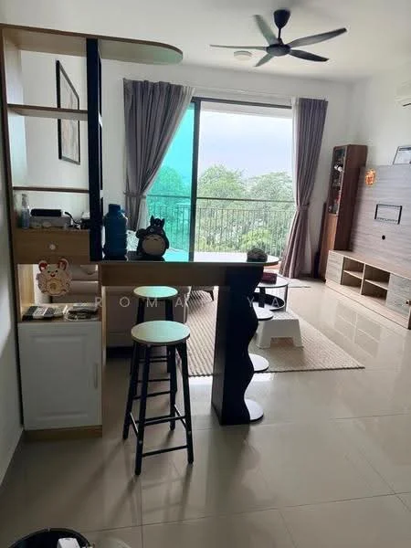 Living features: floor-to-ceiling windows, grey curtains, light-colored walls, cream tiled flooring, ceiling fan, wooden TV console, white coffee table, area rug, decorative wall shelf, bar counter with stools, wall-mounted decor, greenery view from window; style: modern; view: garden.