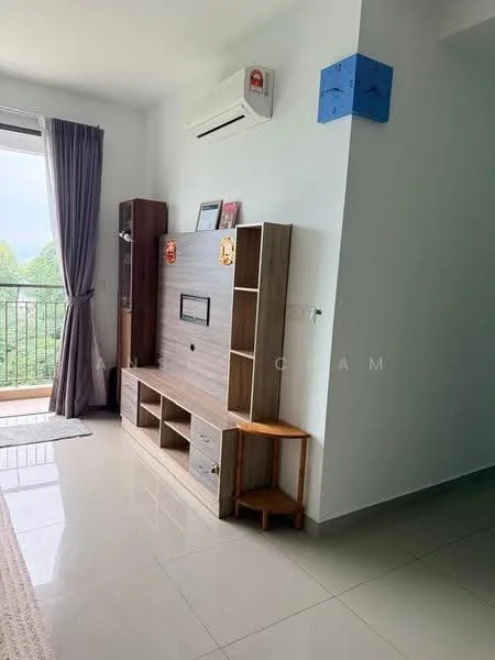 Living features: light grey painted walls, glossy ceramic tile flooring, floor-to-ceiling window with sheer curtains, wall-mounted air conditioning unit, wooden TV console with storage, small wooden side table, decorative wall art, balcony access, neutral area rug; style: modern; view: garden.