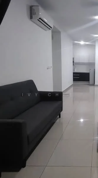 Living features: grey fabric sofa, wall-mounted split AC, white painted walls, glossy tile flooring, recessed downlights, open layout to kitchen, kitchen cabinetry visible, kitchen countertop visible; style: modern.