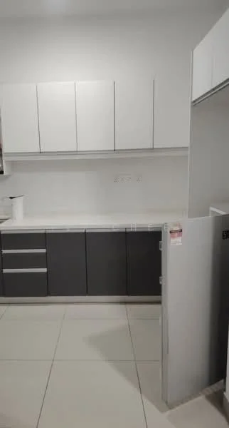 Kitchen features: white upper cabinets, grey lower cabinets, granite countertop, stainless-steel fridge, built-in oven, ceramic tile flooring, single-bowl stainless-steel sink, chrome pull-down faucet, wall-mounted cabinets, modern cabinet handles, neutral wall color, recessed lighting; style: modern.