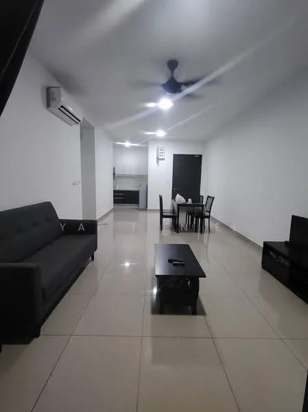 Living features: grey fabric 3-seater sofa, black coffee table, black TV console, wall-mounted TV, white painted walls, glossy tile flooring, ceiling fan, 1 wall-mounted split AC, dining table with 4 black chairs, open layout to kitchen; style: modern. Kitchen features: white cabinetry, black countertop, stainless-steel sink, built-in oven, freestanding range oven, refrigerator, tile backsplash; style: modern.