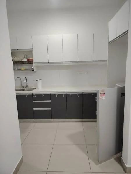 Kitchen features: white upper cabinets, dark grey lower cabinets, marble countertop, double-bowl stainless-steel sink, chrome pull-down faucet, built-in oven, freestanding refrigerator, ceramic tile flooring, wall-mounted shelves, neutral painted walls, under-cabinet lighting; style: modern.