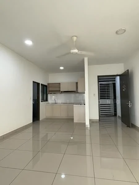 Living features: glossy ceramic tile flooring, white painted walls, recessed downlights, 5-blade ceiling fan, open kitchen layout, kitchen cabinetry in light wood, stainless-steel sink, countertop with backsplash, large window for natural light, door leading to hallway; style: modern.
