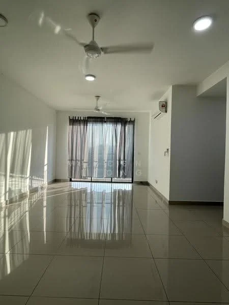 Living features: white painted walls, glossy ceramic tile flooring, 5-blade ceiling fan with light, recessed LED downlights, floor-to-ceiling windows, sheer curtains, wall-mounted split AC, open layout, natural light from windows, neutral color scheme; style: modern.
