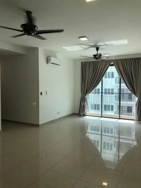 Living features: white painted walls, glossy ceramic tile flooring, 2 ceiling fans, floor-to-ceiling windows, sliding glass door, sheer curtains, recessed downlights, air conditioning unit; style: modern.
