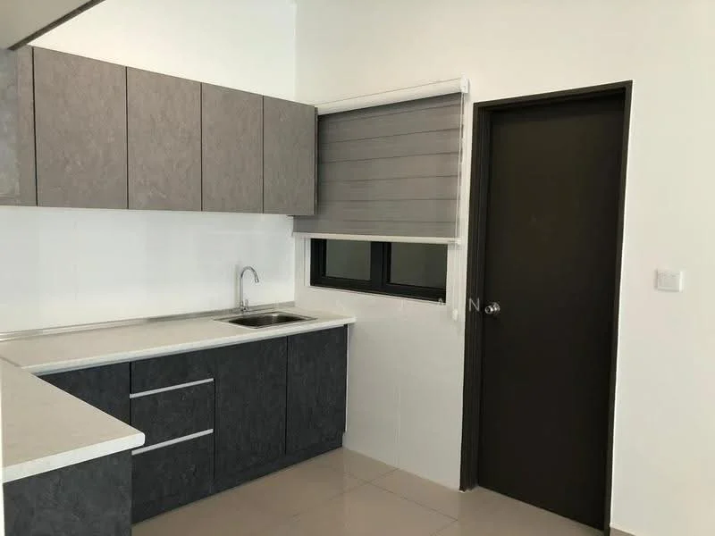 Kitchen features: grey laminate cabinetry, white quartz countertop, single-bowl stainless-steel sink, chrome pull-down faucet, window with roller blinds, black framed window, light-colored wall tiles, glossy floor tiles; style: modern.