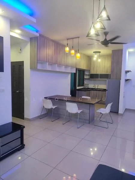 Kitchen features: white painted walls, light wood cabinetry, island counter with seating, stainless-steel fridge, built-in oven, 4-burner gas hob, pendant lighting, recessed LED downlights, ceramic tile flooring, ceiling fan, window with view, open shelving; style: modern.
