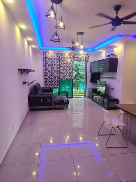 Living features: white painted walls, glossy ceramic tile flooring, recessed LED downlights, 5-blade ceiling fan, black sectional sofa, glass coffee table, TV console, wall-mounted TV, window treatments with sheer curtains, dining table with white chairs, decorative wall shelving, greenery view through large sliding glass door; style: modern; view: garden.