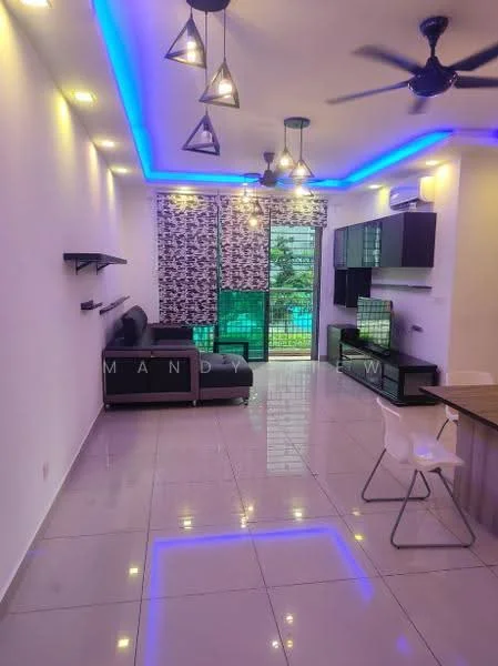 Living features: white painted walls, glossy tile flooring, 5-blade ceiling fan with light, recessed LED downlights, sofa in black, TV console, wall-mounted TV, open shelving, large windows with sheer curtains, dining table, decorative lighting with blue LED accent, greenery view from window; style: modern; view: garden.