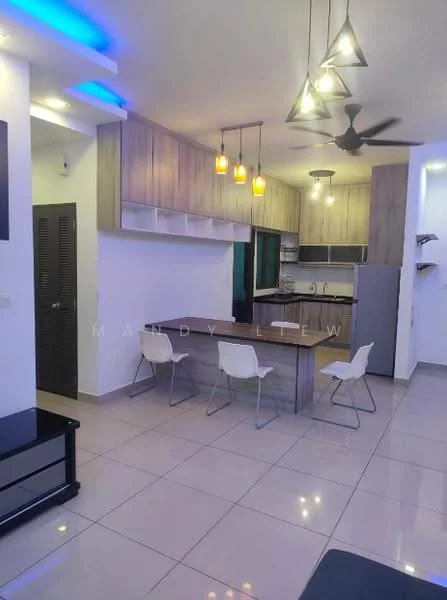 Kitchen features: white painted walls, cream cabinetry, grey countertop, stainless-steel fridge, built-in oven, freestanding range oven, single-bowl stainless-steel sink, chrome pull-down faucet, pendant lighting, 5-blade ceiling fan, tile flooring, open shelving; style: modern. Dining features: wood dining table, 4 white plastic dining chairs, pendant lights above table; style: modern.