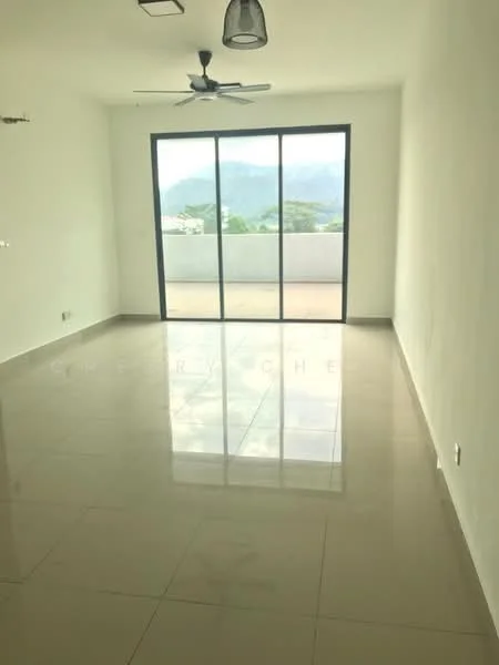 Living features: large floor-to-ceiling windows, sliding glass door, 5-blade ceiling fan, white painted walls, glossy ceramic tile flooring, recessed ceiling lights, open layout, mountain view from balcony; style: modern; view: mountain.