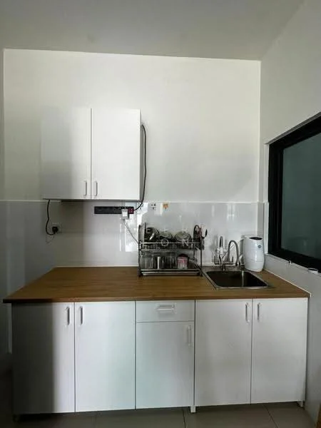 Kitchen features: white cabinetry, wood countertop, double-bowl stainless-steel sink, chrome pull-down faucet, built-in dishwasher, white tiled backsplash, kitchen appliances visible, under-cabinet lighting; style: modern.