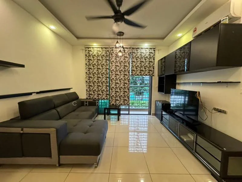 Living features: 3-seater fabric sofa in grey, ceiling fan with light, wall-mounted TV, TV console in black, glass coffee table, floor-to-ceiling windows, sheer curtains, white painted walls, glossy tile flooring, built-in shelving unit, decorative lighting, air conditioning unit; style: modern; view: garden.