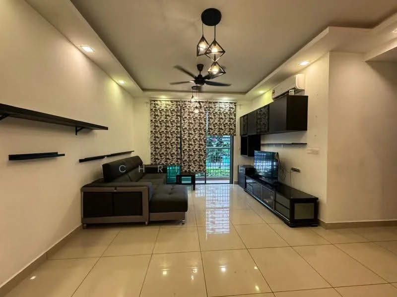 Living features: grey leather sectional sofa, black coffee table, wall-mounted TV, TV console with storage, black shelving unit, white painted walls, glossy tile flooring, ceiling fan with light, curtains with floral pattern, floor-to-ceiling windows, air conditioning unit; style: modern; view: garden.