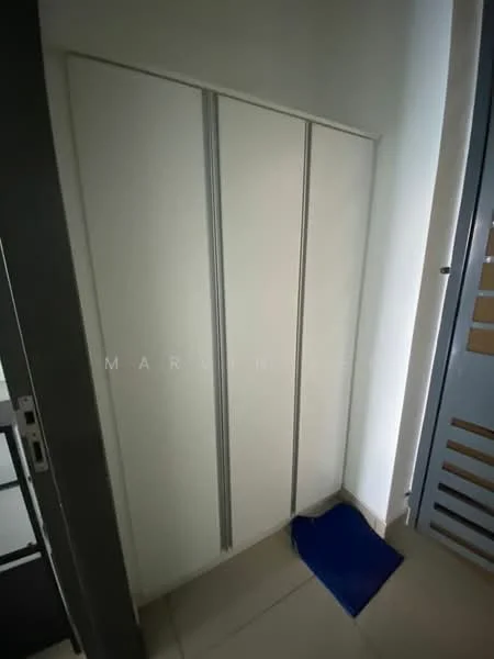 Room features: built-in wardrobe, white cabinetry, sliding doors, neutral tile flooring.