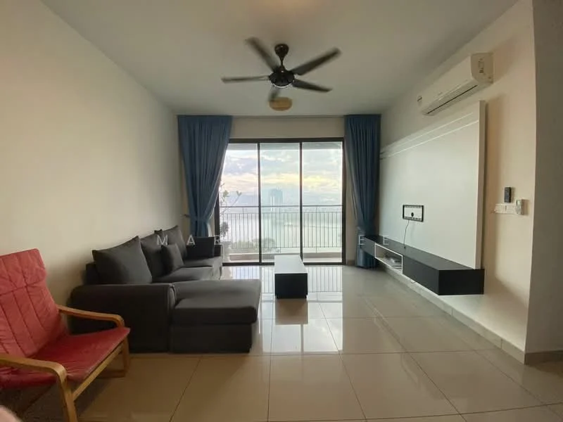 Living features: 3-seater fabric sofa in grey, single coffee table, TV console, wall-mounted TV, floor-to-ceiling windows, sliding glass door, curtains in blue, ceiling fan with light, air conditioning unit, glossy tile flooring, decorative wall panel; style: modern; view: city.