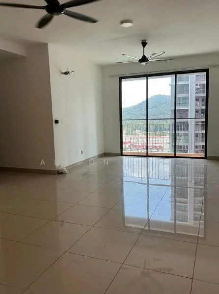 Living features: large floor-to-ceiling windows, mountain view, white painted walls, polished ceramic tile flooring, 2 ceiling fans, recessed ceiling lights, open layout, sliding glass door; style: modern; view: mountain.