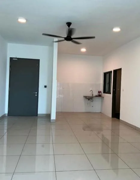 Room features: white painted walls, glossy ceramic tile flooring, 5-blade ceiling fan with light, single-bowl stainless-steel sink, wall-mounted faucet, window with black frame, door with grey finish, recessed ceiling lights; style: modern.
