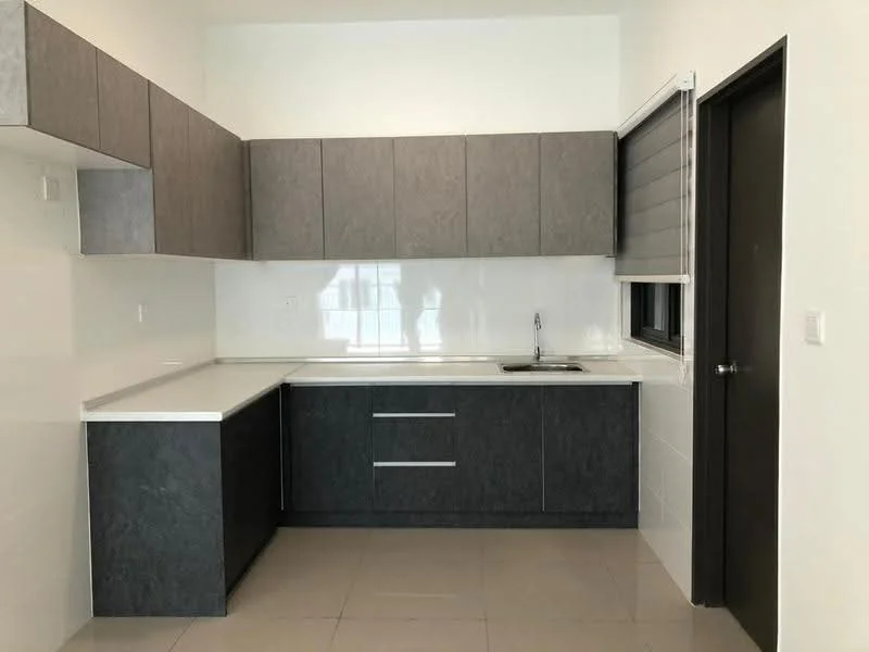 Kitchen features: grey cabinetry, white countertop, single-bowl stainless-steel sink, chrome pull-down faucet, ceramic tile flooring, white tiled backsplash, built-in cabinets, window with roller blinds, recessed downlights; style: modern.