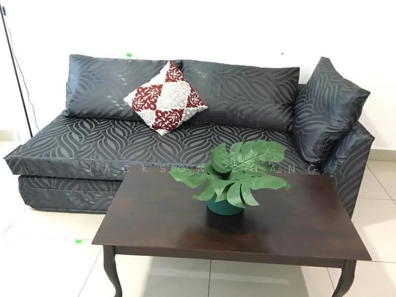 Living features: 3-seater fabric sofa in grey with wave pattern, decorative cushion with red and white pattern, wooden coffee table, green plant in black pot, cream tiled flooring, white painted walls; style: modern.